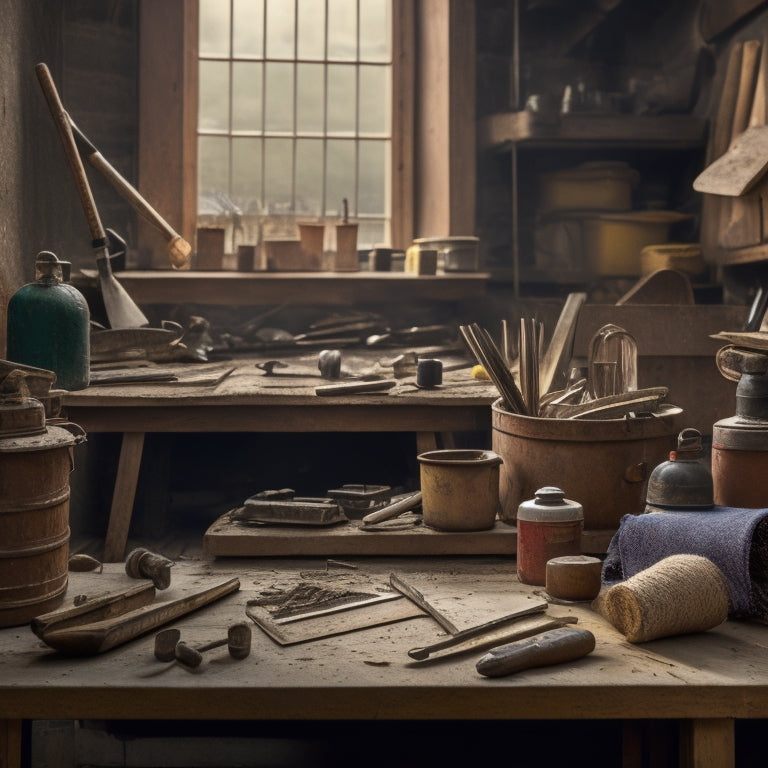 A cluttered workbench with various trowels of different sizes, materials, and handle types, surrounded by DIY renovation tools and materials, with a subtle background of a renovated room.