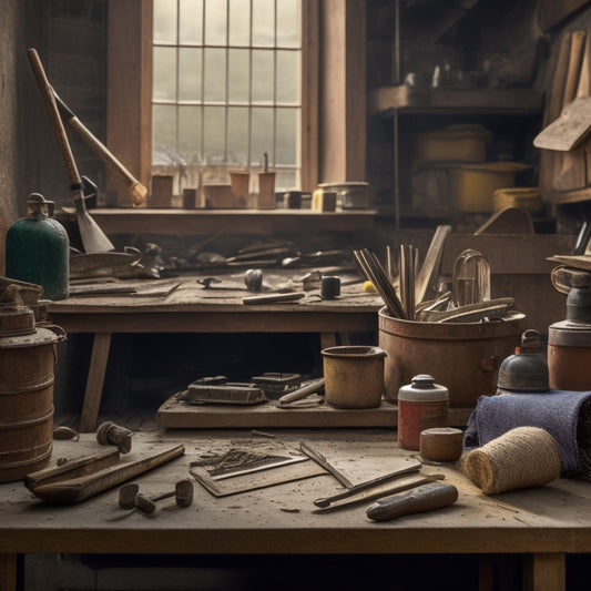A cluttered workbench with various trowels of different sizes, materials, and handle types, surrounded by DIY renovation tools and materials, with a subtle background of a renovated room.