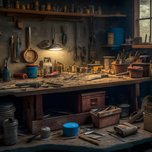 A cluttered, well-lit workbench with a cracked concrete wall in the background, surrounded by various tool kit items like caulk guns, chisels, and putty knives, with a few scattered cracks and crumbling debris.