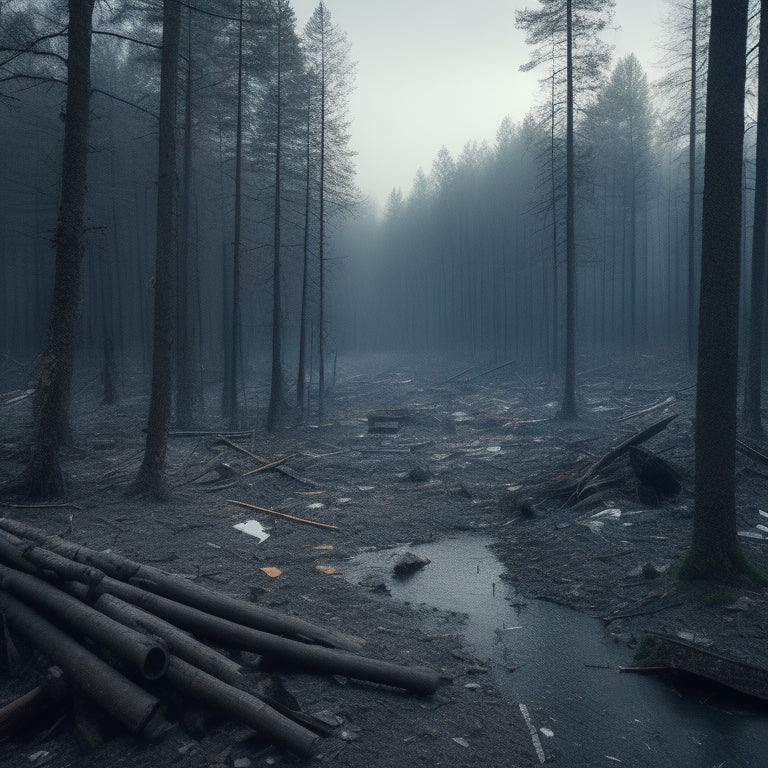 A haunting landscape: a ravaged forest with discarded construction materials, shattered tiles, and crushed drywall, surrounded by polluted waterways and dying trees, shrouded in a thick, grey haze.