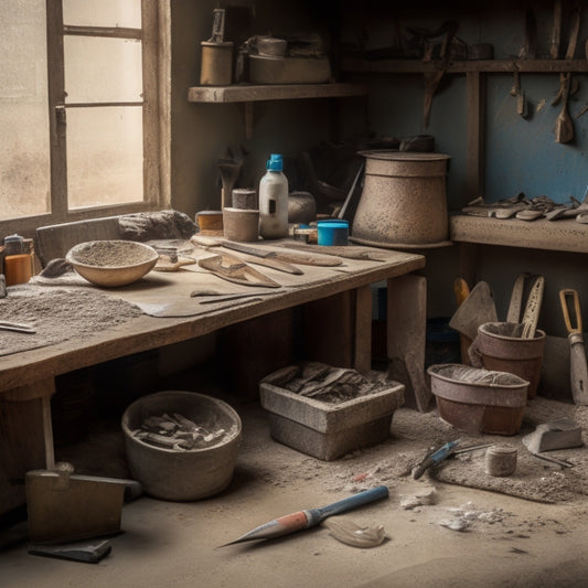 A cluttered workbench with a variety of tools, including a trowel, putty knife, joint knife, and hawk, surrounded by small piles of plaster, sand, and water, with a partial background of a renovated wall.