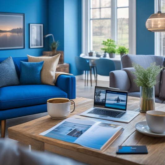 A bright, modern living room with a laptop on a coffee table, surrounded by renovation design magazines, blueprints, and a cup of coffee, with a subtle background of a house blueprint.