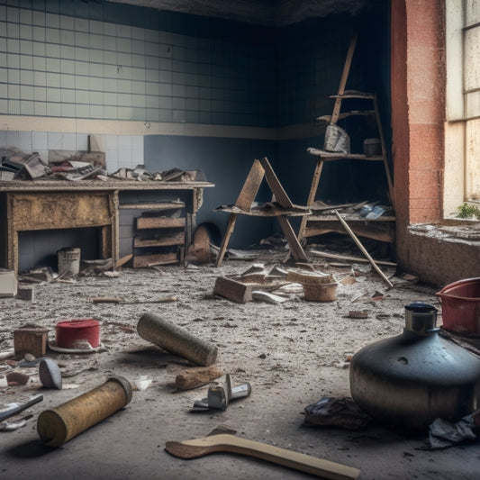 A cluttered home interior with broken tiles, scattered tools, and a sledgehammer leaning against a demolished wall, surrounded by dust and debris, with a faint outline of a renovated space in the background.