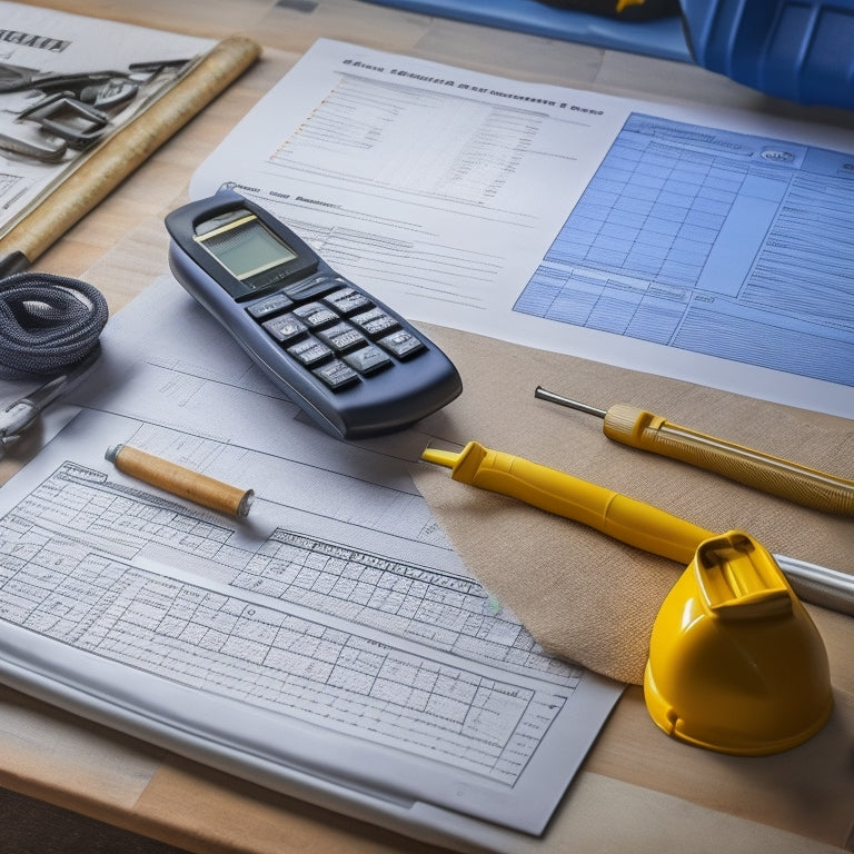 A detailed illustration of a clipboard with a renovation checklist, surrounded by scattered construction tools, blueprints, and a calculator, with a faint background of a partially renovated room.