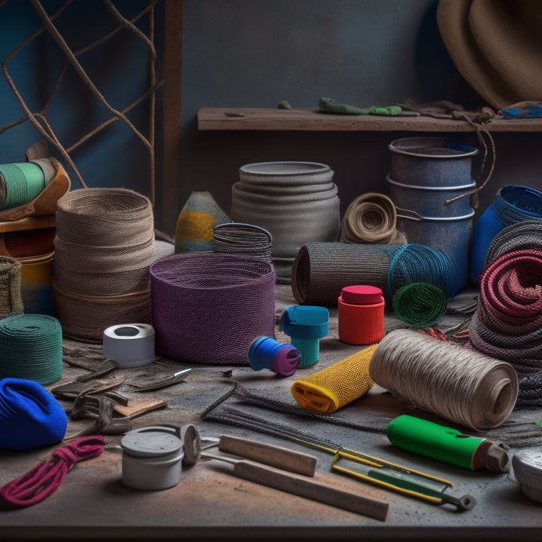 A messy workshop background with various DIY tools scattered around, featuring 7 rolls of different colored plastering meshes with varying mesh sizes and patterns, partially unrolled and tangled together.