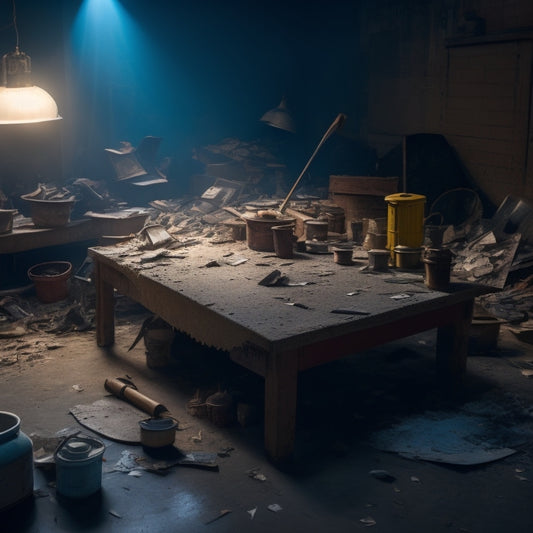 A cluttered, dimly lit room with scattered tools, half-painted walls, and torn flooring, surrounded by broken tiles, exposed wiring, and a hammer lying on a crumpled blueprint.