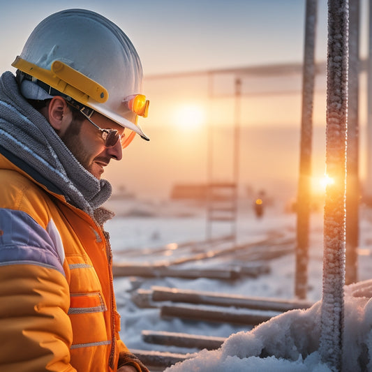 A frosty construction site at dawn, with a worker in the foreground wearing a warm beanie, goggles, and insulated gloves, amidst snow-covered scaffolding and icy pipes.