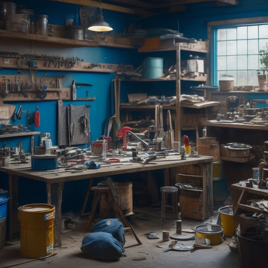 A cluttered workshop with various DIY tools scattered around, a partially renovated room in the background with paint cans, ladders, and a tape measure hanging from a nail.