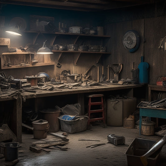A cluttered, dimly lit garage or workshop with a variety of demolition tools scattered across a workbench and floor, including a sledgehammer, pry bar, and demolition saw.