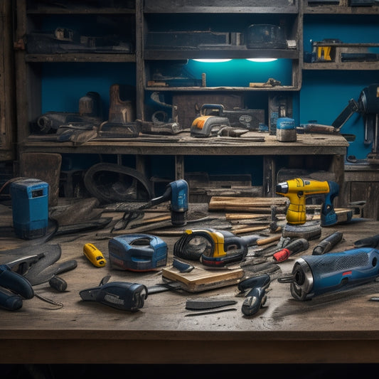 A cluttered workshop table with a mix of used power tools, including a cordless drill, impact driver, circular saw, and jigsaw, surrounded by scattered toolboxes, wires, and renovation plans.