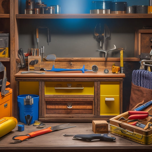 A well-organized toolbox with a hammer, tape measure, and level placed on a workbench, surrounded by a tidy arrangement of screwdrivers, pliers, and wrenches, with a subtle background of a renovated room.