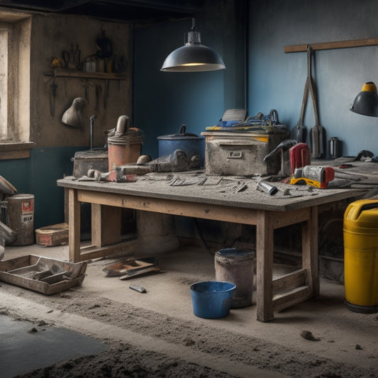 A cluttered workbench with various concrete repair tools, including a grout saw, concrete mixer, trowel, and drill, surrounded by scattered concrete dust and debris, with a faintly visible concrete floor in the background.