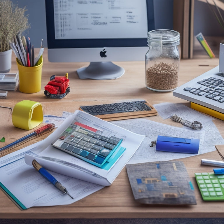 An organized desk with a laptop, calculator, and scattered blueprints, surrounded by color-coded folders, a miniature house model, and a few scattered coins, with a subtle background of a renovation site.