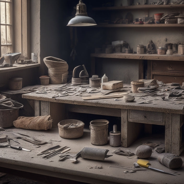 A cluttered, well-lit workshop table with 10 distinct plaster finishing tools, including a hawk, trowel, and joint knife, surrounded by scattered plaster dust and half-finished renovation projects.