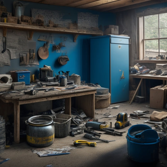 A cluttered garage with tools scattered on the floor, a half-demolished wall, and a contractor's tape measure lying on a workbench, surrounded by dusty boxes and scattered blueprints.