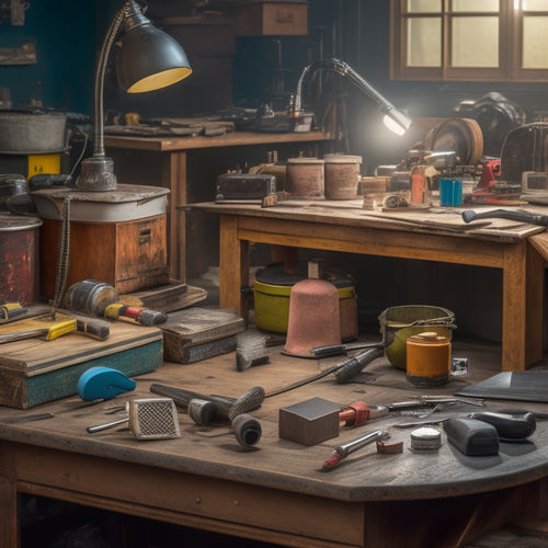 A cluttered workbench with various polishing tools scattered around, including a rotary polisher, sandpaper, and a buffing wheel, surrounded by DIY home renovation projects in progress.