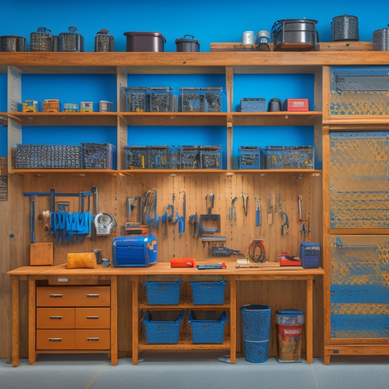 A well-lit, clutter-free workshop with three distinct tool organization systems: a pegboard with neatly hung tools, a rolling cabinet with labeled drawers, and a wall-mounted slatwall with bins and hooks.