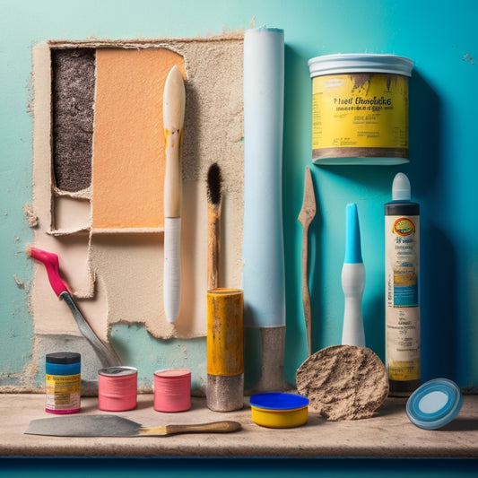 A cracked wall with a few patches of spackling, surrounded by various repair products like putty knives, caulk tubes, and epoxy resin kits, against a light-colored, slightly worn background.