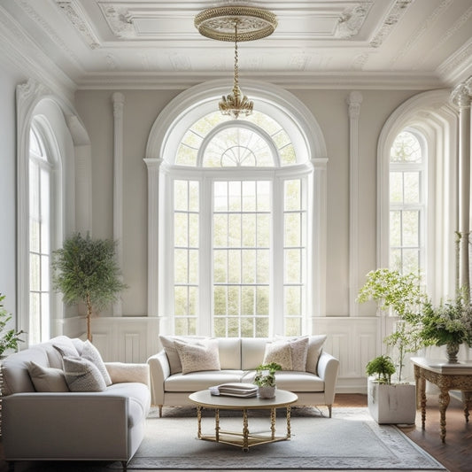 A bright, airy living room with a newly renovated smooth plaster ceiling, adorned with elegant crown molding, soft natural light pouring in through large windows.