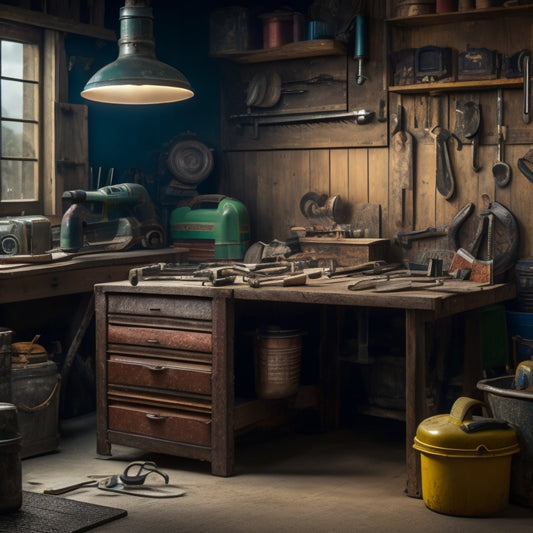 A cluttered, well-lit garage with a workbench in the center, surrounded by assorted second-hand tools, including a rusty hammer, a vintage drill, and a wooden toolbox with open drawers.