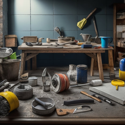 A cluttered workshop background with various renovation tools scattered on a workbench and floor, including a tile cutter, spirit level, trowel, hammer, and measuring tape, with a few scattered floor tiles and a bucket of grout.