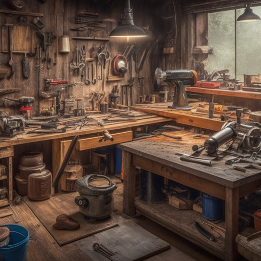 A cluttered workshop with a wooden workbench, surrounded by various DIY tools and equipment, including a circular saw, drill press, impact driver, level, tape measure, and a toolbox filled with wrenches and pliers.