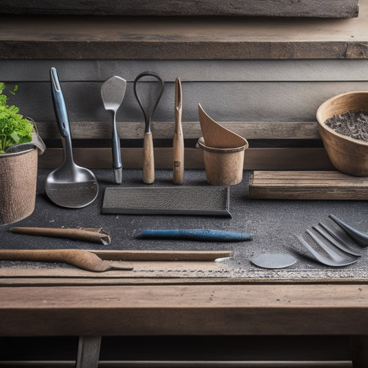 A neatly arranged grid of 5-7 trowels in various sizes (ranging from small to large) on a wooden workbench, surrounded by scattered DIY renovation tools and materials.