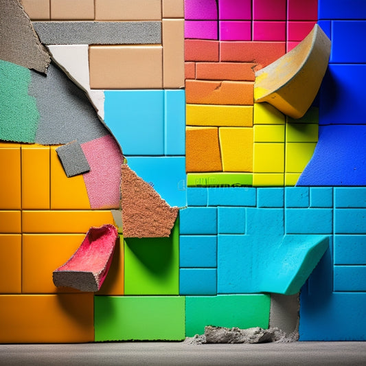 An illustration of a cracked wall with various sections highlighted in different colors, each with a unique repair tool or material (e.g., epoxy, patching tape, or spackling compound) and varying price tags.