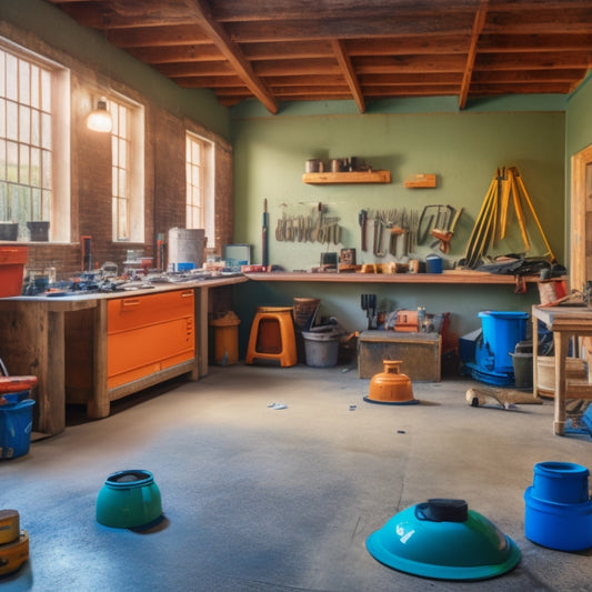 A cluttered workshop with concrete flooring, surrounded by scattered renovation tools, including a grinder, trowel, and mixing bucket, with a partially refinished floor in the background.