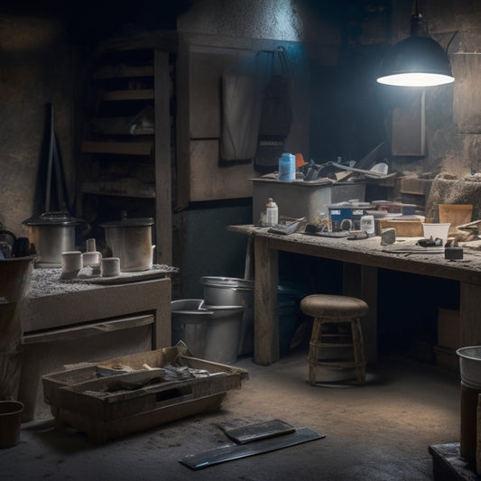 A cluttered workbench with a putty knife, trowel, hawk, joint knife, and sanding block, surrounded by small buckets of plaster, a mixing bucket, and a dust mask, in a dimly lit renovation space.