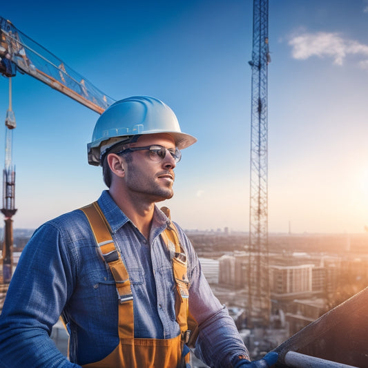 A construction worker wearing a hard hat and safety harness stands on a scaffold, surrounded by exterior renovation tools and materials, against a blurred cityscape background with a sunny blue sky.