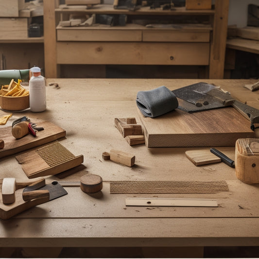 An organized workspace with a wooden cutting board, a tape measure, a miter saw, a level, and a bundle of wooden shims, surrounded by scattered woodworking tools and scattered wood shavings.