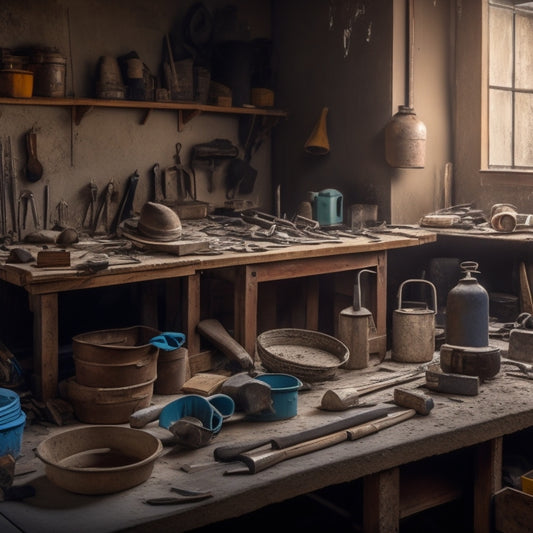 A cluttered workshop with various plastering tools scattered about, with a few broken or worn-out tools in the foreground, contrasting with a clean and organized section featuring specialized plaster wall renovation tools.