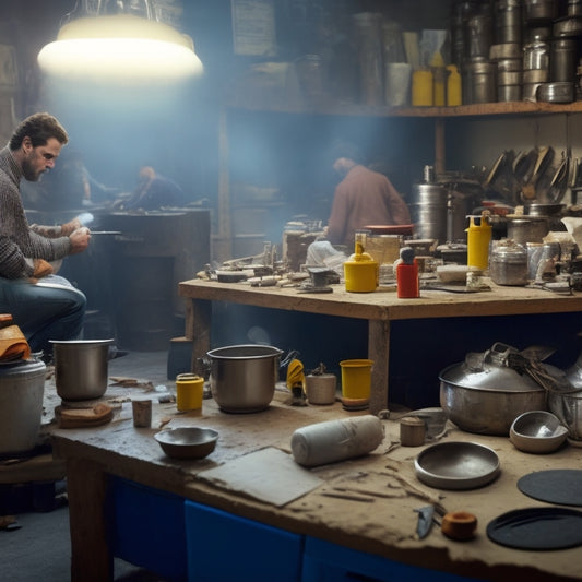 Image of a cluttered workshop with various DIY tools, a person in the background mixing plaster in a portable, compact, stainless steel drum with a pouring spout.