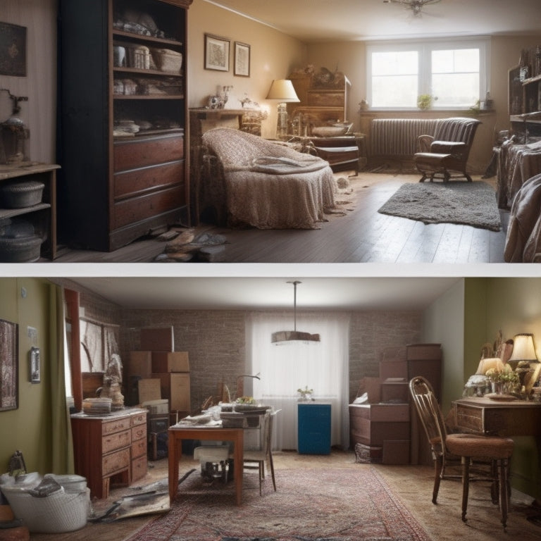 A split-screen image: a cluttered room with old flooring on the left, and a tidy room with new flooring on the right, with various renovation tools and materials scattered in between.