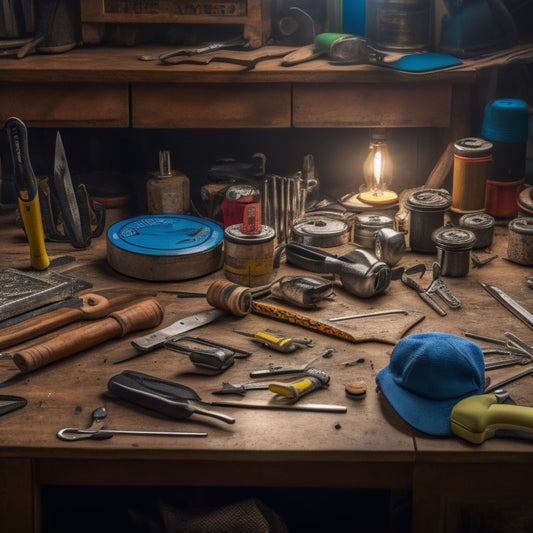 A cluttered workshop table with a variety of DIY tools, including a hammer, tape measure, level, pliers, screwdrivers, and wrenches, arranged in a chaotic yet organized manner.