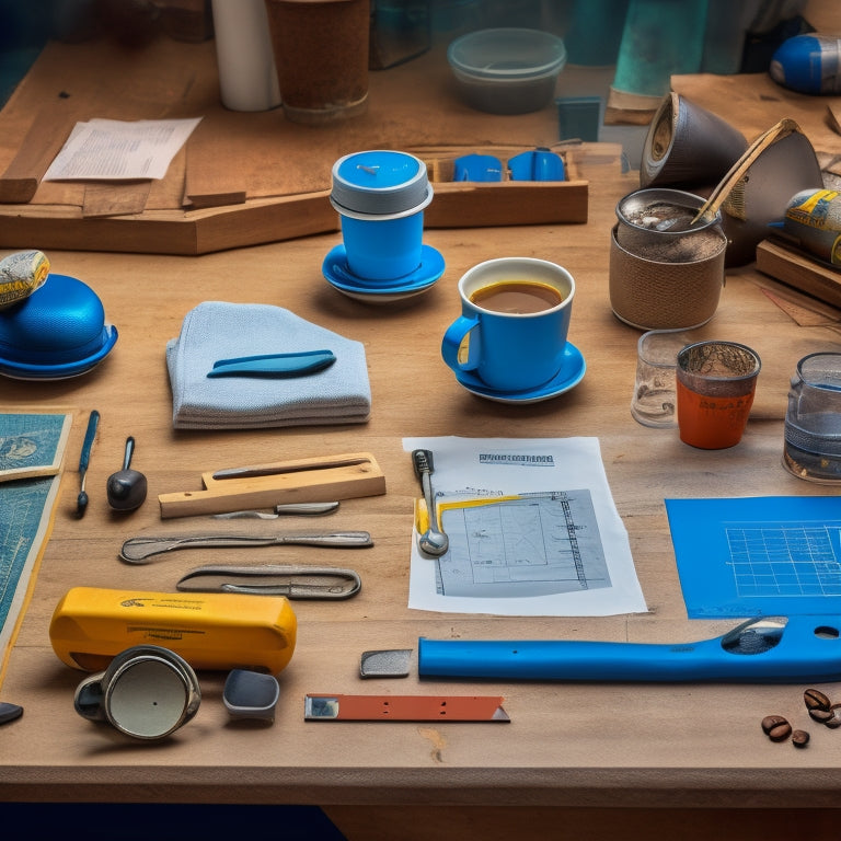 A cluttered yet organized workshop table with a tape measure, level, hammer, pliers, and a tablet with blueprints, surrounded by scattered renovation plans and a few scattered coffee cups.