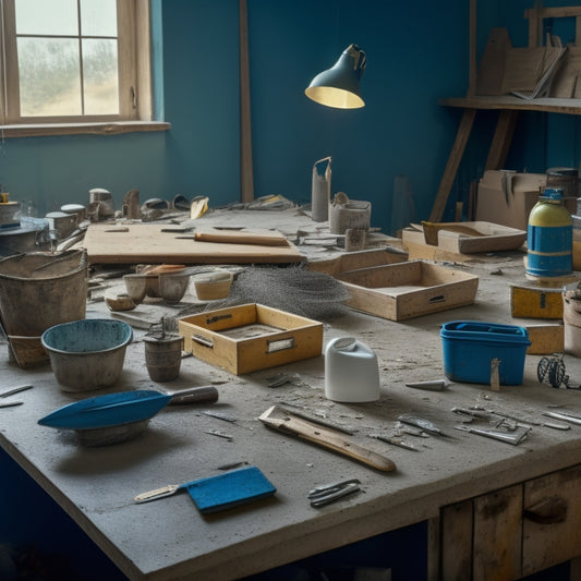 A cluttered workshop table with various finishing trowels of different sizes and materials, surrounded by half-finished drywall, scattered screws, and a backdrop of partially renovated room.
