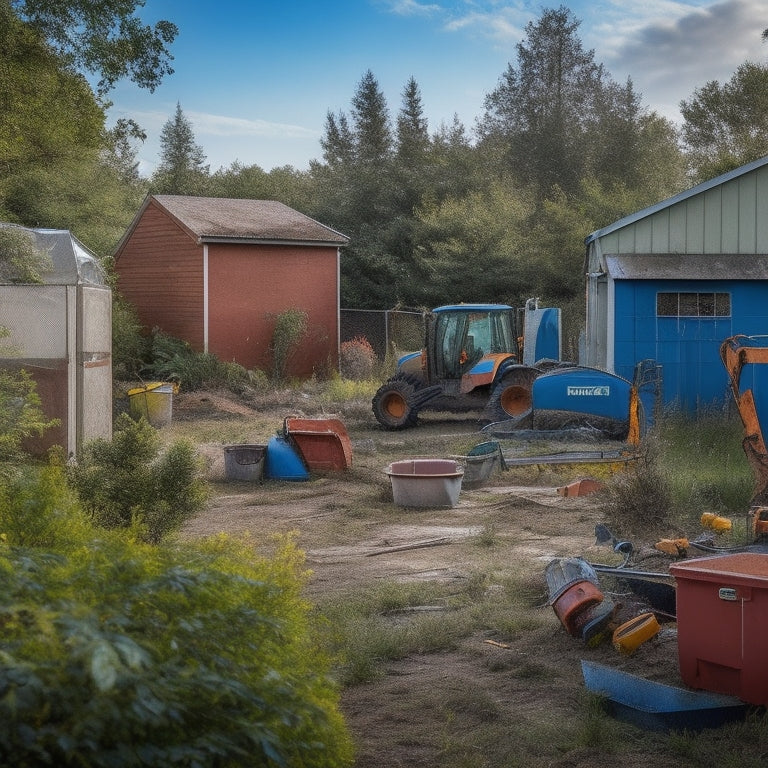 A cluttered backyard with a rundown house in the background, surrounded by overgrown vegetation, with a dumpster, porta-potty, and various construction equipment like excavators, drills, and ladders scattered around.