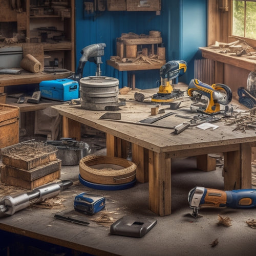 A cluttered workshop table with various power tools, including a circular saw, drill press, impact driver, reciprocating saw, and jigsaw, surrounded by scattered wood shavings and renovation plans.