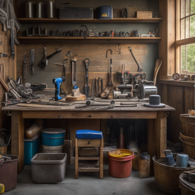 A cluttered but organized workshop bench with a variety of tools, including a cordless drill, level, tape measure, pliers, wrench, and hammer, surrounded by renovation materials like plywood and pipes.