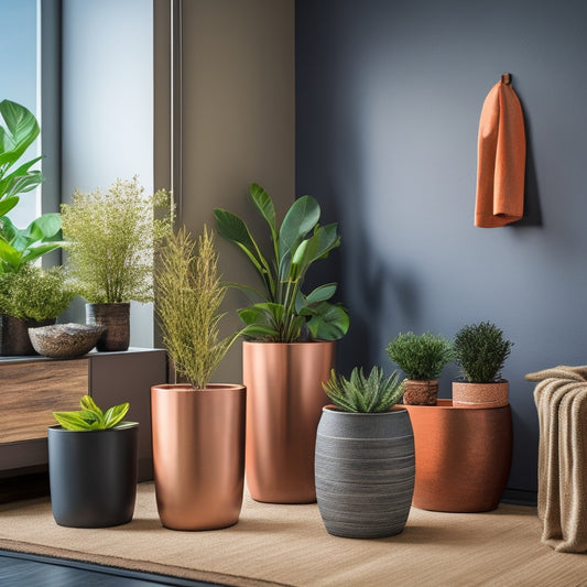 An arrangement of six planters in a modern living room, showcasing different durable materials: weathered wood, sleek stainless steel, matte fiberglass, rustic terracotta, gleaming copper, and rough-hewn concrete.