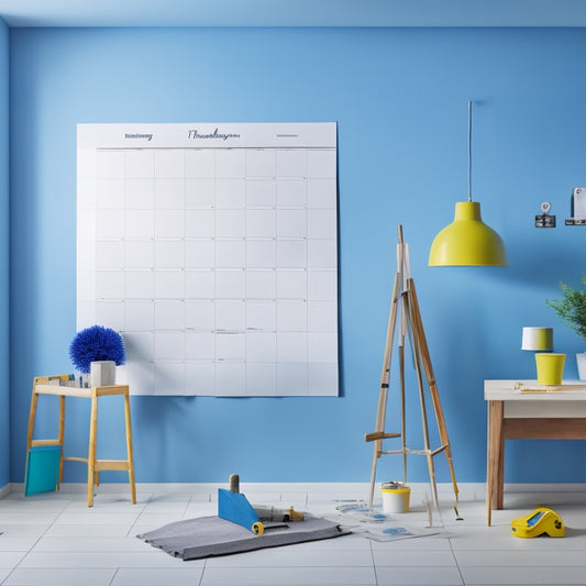 An illustration of a modern, minimalist home interior with a large, blank calendar on the wall, surrounded by scattered renovation tools, blueprints, and colorful sticky notes, with a faint hammer outline in the background.