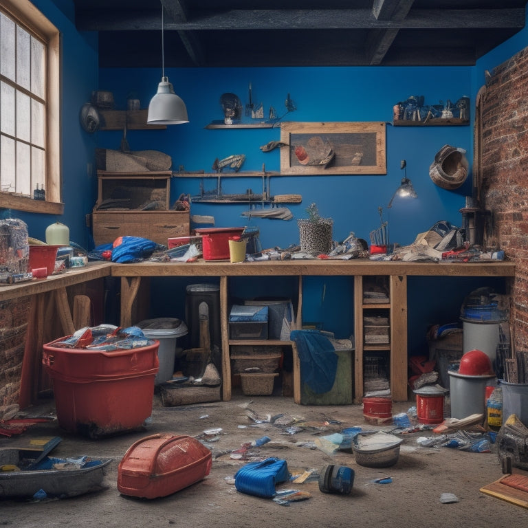 A cluttered room with scattered tools, building materials, and trash, contrasted with a tidy corner featuring a compact storage unit, organized tools, and a clean floor, highlighting the benefits of compacting during renovation.