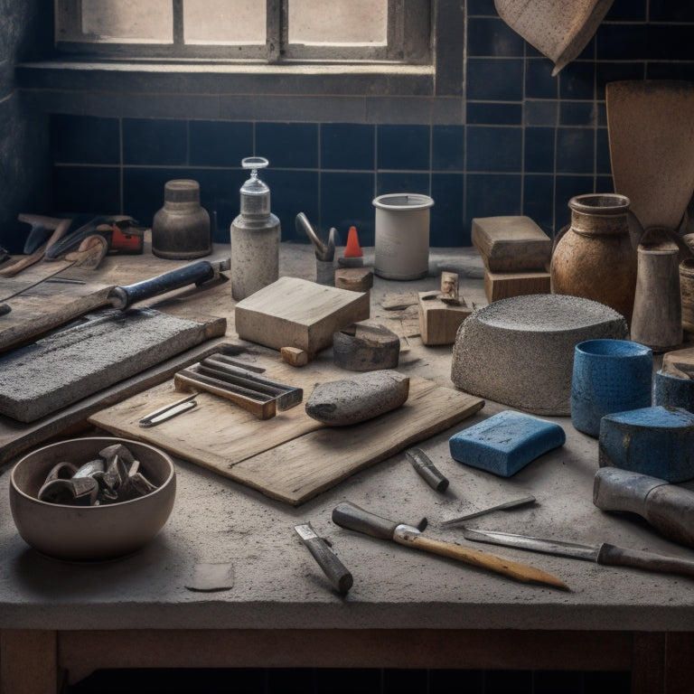A cluttered workshop table with a variety of masonry tools, including a trowel, level, jointer, and hammer, surrounded by half-finished concrete blocks, scattered dust, and a faint outline of a DIY home renovation blueprint.