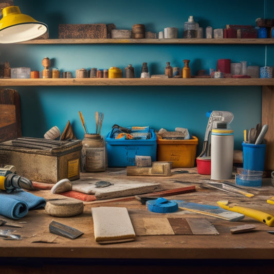 An image of a cluttered workbench with various adhesion tools scattered about, including a caulk gun, silicone sealant tubes, a notched trowel, and a putty knife, surrounded by renovation materials like drywall and tile.
