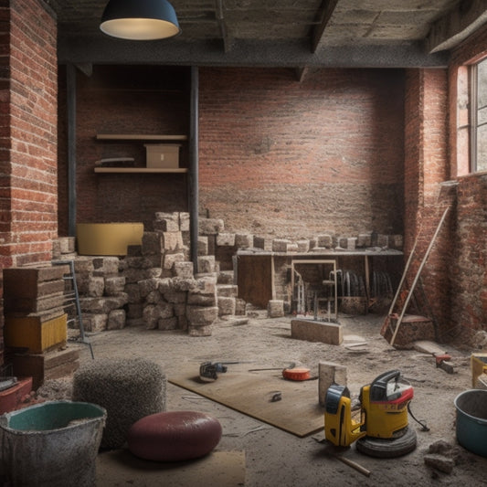 A cluttered renovation site with exposed brick, scattered concrete blocks, and a half-built wall featuring a mix of natural stone, glazed, and painted blocks, with a backdrop of power tools and building materials.