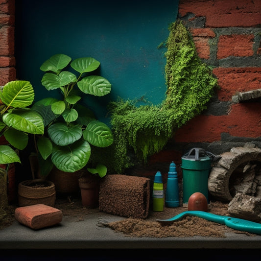 A worn, crumbling garden wall with overgrown vines and moss, surrounded by expensive-looking renovation tools, including a high-end trowel, a precision level, and a box of artisanal bricks.