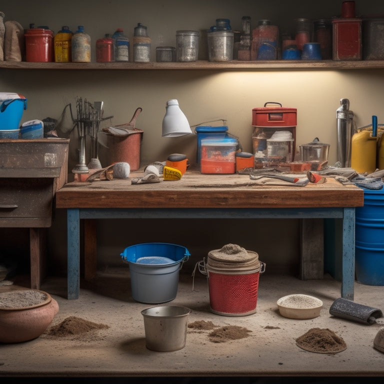 A cluttered workbench with various plaster mixers, buckets, and tools scattered around, with a prominent display of a mid-range electric mixer in the center, surrounded by mixing paddles and bags of plaster.
