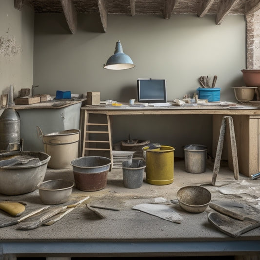 A cluttered workspace with a variety of plastering tools scattered around a half-finished renovation project, including trowels, hawks, floats, and mixing buckets, with a faint outline of a wall in the background.